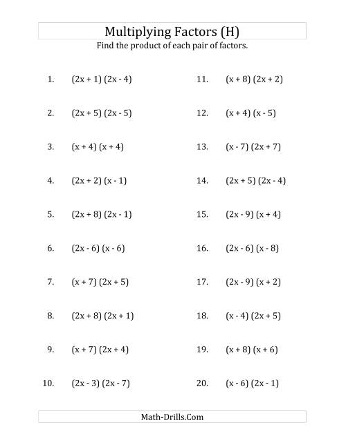 The Multiplying Factors of Quadratic Expressions with x Coefficients of 1 and 2 (H) Math Worksheet
