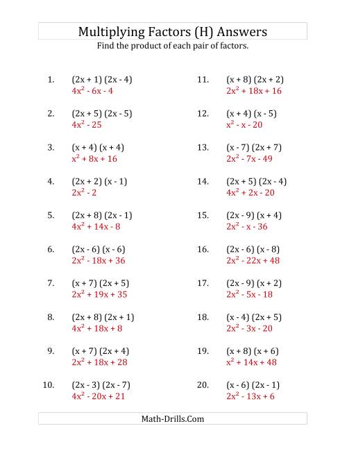 The Multiplying Factors of Quadratic Expressions with x Coefficients of 1 and 2 (H) Math Worksheet Page 2
