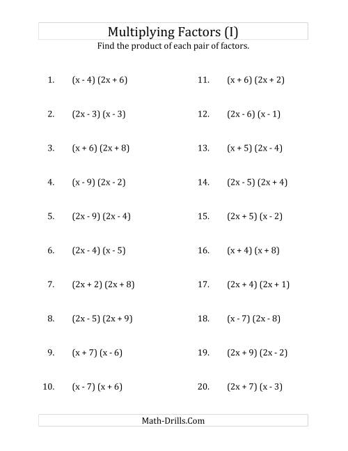 The Multiplying Factors of Quadratic Expressions with x Coefficients of 1 and 2 (I) Math Worksheet
