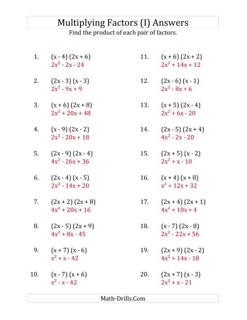 The Multiplying Factors of Quadratic Expressions with x Coefficients of 1 and 2 (I) Math Worksheet Page 2