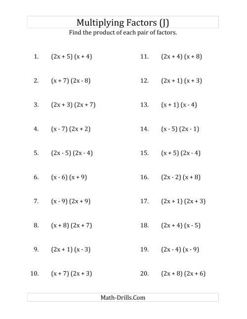 The Multiplying Factors of Quadratic Expressions with x Coefficients of 1 and 2 (J) Math Worksheet