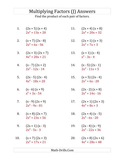 The Multiplying Factors of Quadratic Expressions with x Coefficients of 1 and 2 (J) Math Worksheet Page 2
