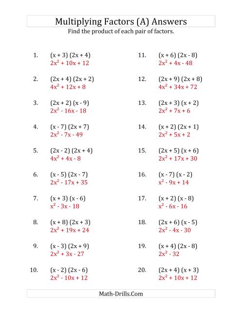 The Multiplying Factors of Quadratic Expressions with x Coefficients of 1 and 2 (All) Math Worksheet Page 2