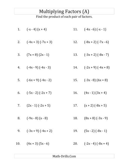 The Multiplying Factors of Quadratic Expressions with x Coefficients Between -9 and 9 (A) Math Worksheet