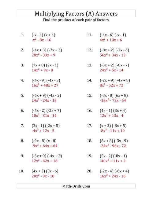 The Multiplying Factors of Quadratic Expressions with x Coefficients Between -9 and 9 (A) Math Worksheet Page 2