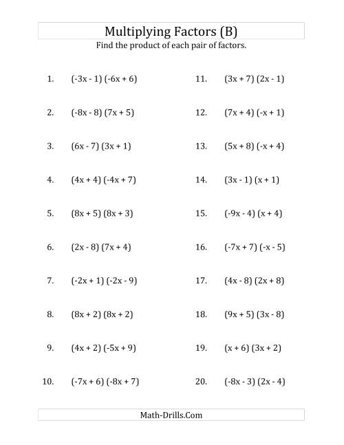 The Multiplying Factors of Quadratic Expressions with x Coefficients Between -9 and 9 (B) Math Worksheet