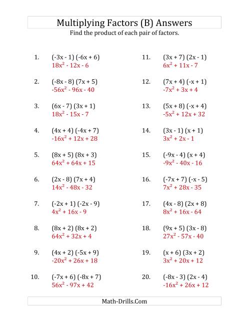 The Multiplying Factors of Quadratic Expressions with x Coefficients Between -9 and 9 (B) Math Worksheet Page 2