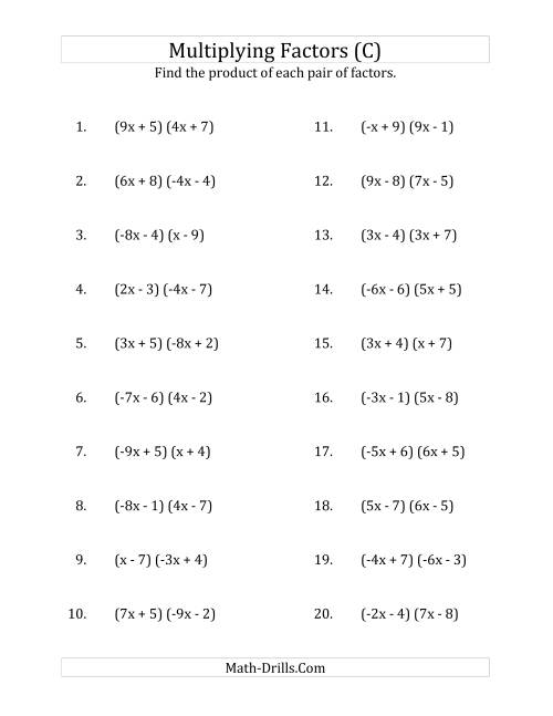 The Multiplying Factors of Quadratic Expressions with x Coefficients Between -9 and 9 (C) Math Worksheet