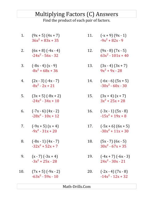 The Multiplying Factors of Quadratic Expressions with x Coefficients Between -9 and 9 (C) Math Worksheet Page 2