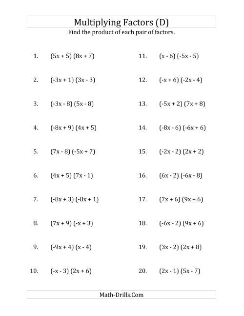 The Multiplying Factors of Quadratic Expressions with x Coefficients Between -9 and 9 (D) Math Worksheet