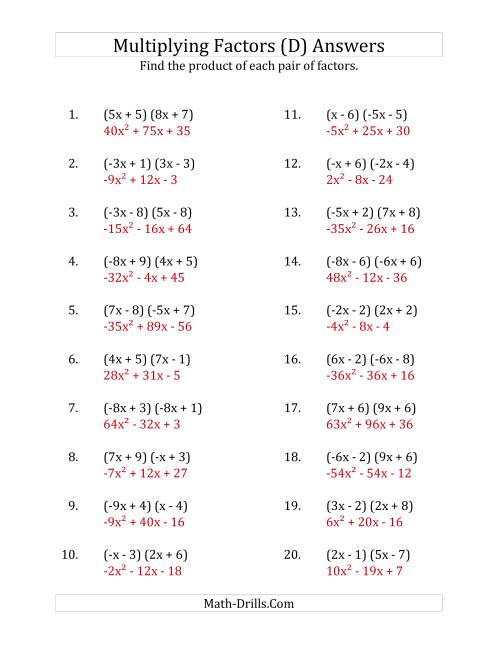 The Multiplying Factors of Quadratic Expressions with x Coefficients Between -9 and 9 (D) Math Worksheet Page 2