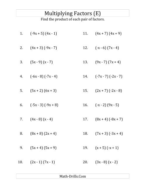 The Multiplying Factors of Quadratic Expressions with x Coefficients Between -9 and 9 (E) Math Worksheet