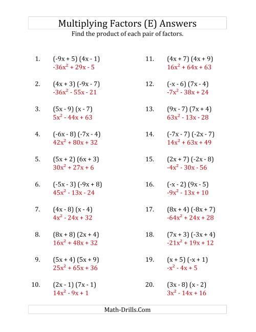The Multiplying Factors of Quadratic Expressions with x Coefficients Between -9 and 9 (E) Math Worksheet Page 2