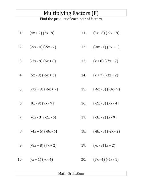 The Multiplying Factors of Quadratic Expressions with x Coefficients Between -9 and 9 (F) Math Worksheet