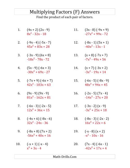 The Multiplying Factors of Quadratic Expressions with x Coefficients Between -9 and 9 (F) Math Worksheet Page 2