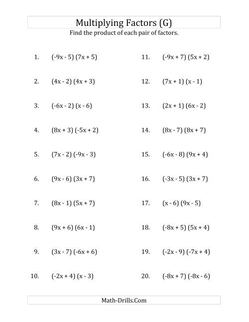 The Multiplying Factors of Quadratic Expressions with x Coefficients Between -9 and 9 (G) Math Worksheet