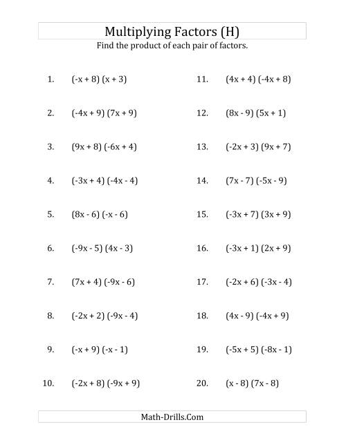 The Multiplying Factors of Quadratic Expressions with x Coefficients Between -9 and 9 (H) Math Worksheet