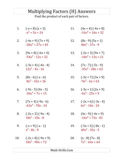 The Multiplying Factors of Quadratic Expressions with x Coefficients Between -9 and 9 (H) Math Worksheet Page 2