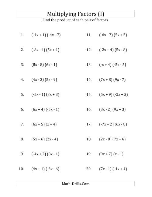 The Multiplying Factors of Quadratic Expressions with x Coefficients Between -9 and 9 (I) Math Worksheet