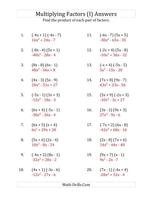 The Multiplying Factors of Quadratic Expressions with x Coefficients Between -9 and 9 (I) Math Worksheet Page 2