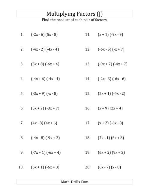 The Multiplying Factors of Quadratic Expressions with x Coefficients Between -9 and 9 (J) Math Worksheet