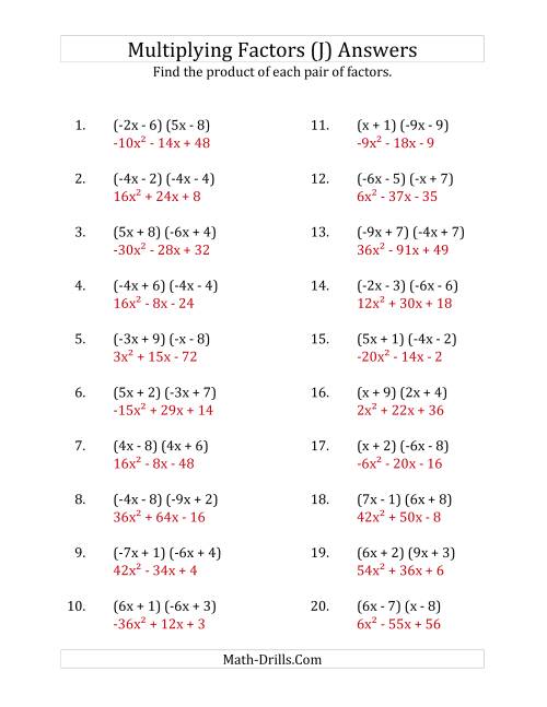 The Multiplying Factors of Quadratic Expressions with x Coefficients Between -9 and 9 (J) Math Worksheet Page 2