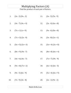 Multiplying Factors of Quadratic Expressions with x Coefficients up to 9