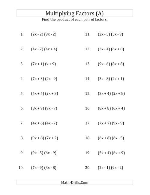 The Multiplying Factors of Quadratic Expressions with x Coefficients up to 9 (A) Math Worksheet