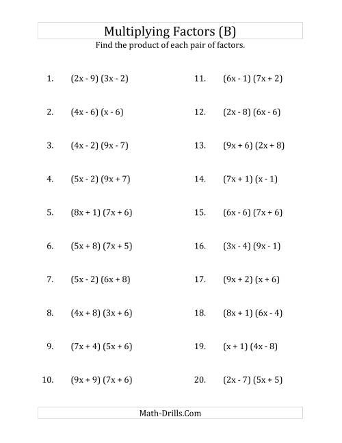 The Multiplying Factors of Quadratic Expressions with x Coefficients up to 9 (B) Math Worksheet