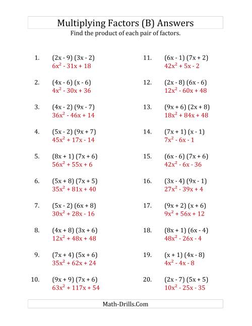The Multiplying Factors of Quadratic Expressions with x Coefficients up to 9 (B) Math Worksheet Page 2