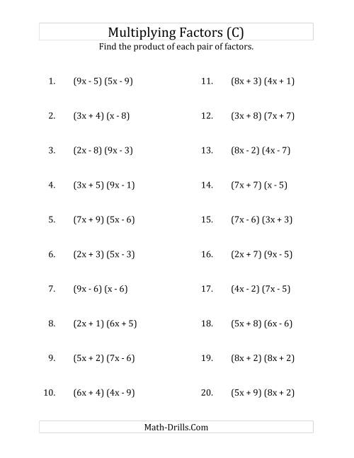 The Multiplying Factors of Quadratic Expressions with x Coefficients up to 9 (C) Math Worksheet