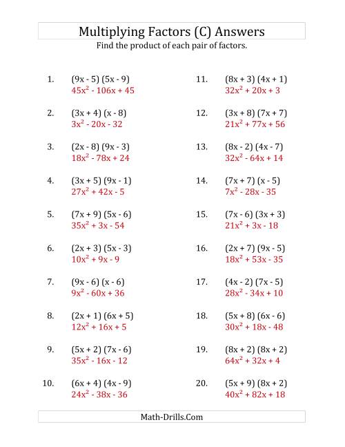 The Multiplying Factors of Quadratic Expressions with x Coefficients up to 9 (C) Math Worksheet Page 2