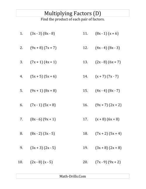 The Multiplying Factors of Quadratic Expressions with x Coefficients up to 9 (D) Math Worksheet