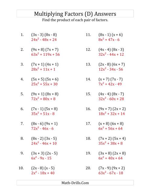 The Multiplying Factors of Quadratic Expressions with x Coefficients up to 9 (D) Math Worksheet Page 2