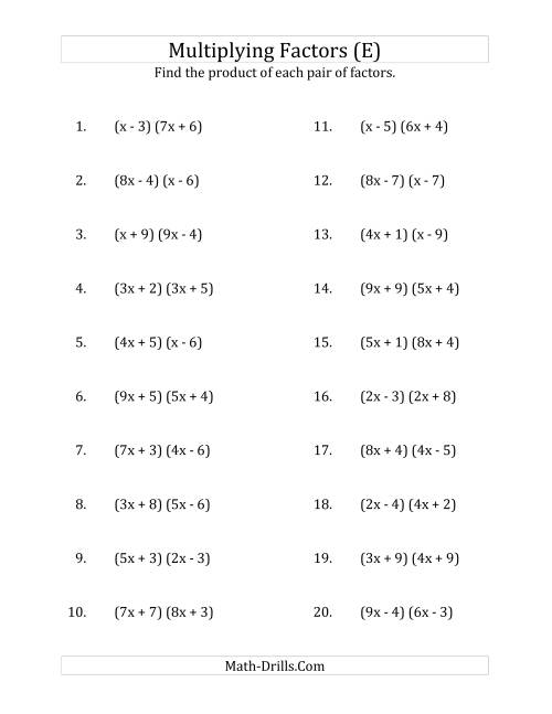 The Multiplying Factors of Quadratic Expressions with x Coefficients up to 9 (E) Math Worksheet