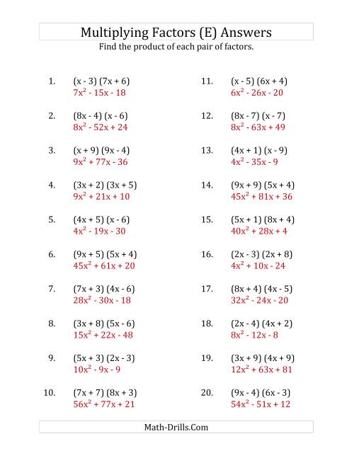 The Multiplying Factors of Quadratic Expressions with x Coefficients up to 9 (E) Math Worksheet Page 2