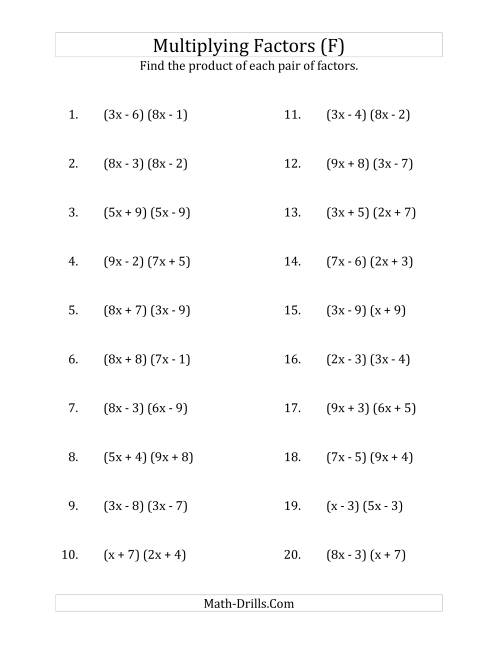 The Multiplying Factors of Quadratic Expressions with x Coefficients up to 9 (F) Math Worksheet