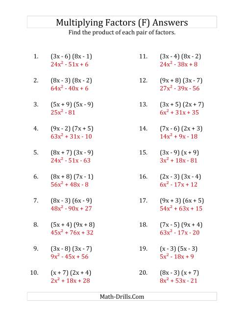 The Multiplying Factors of Quadratic Expressions with x Coefficients up to 9 (F) Math Worksheet Page 2