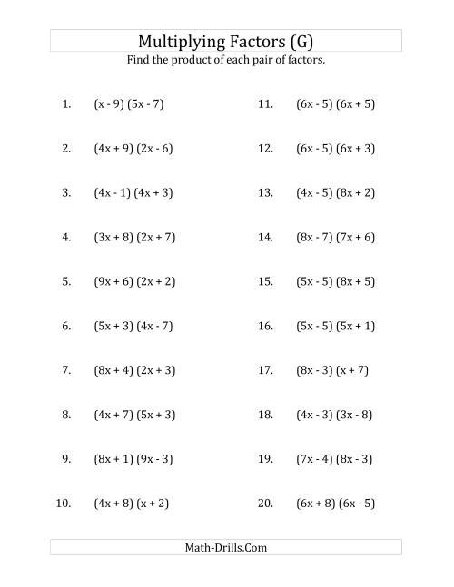 The Multiplying Factors of Quadratic Expressions with x Coefficients up to 9 (G) Math Worksheet