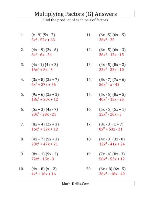The Multiplying Factors of Quadratic Expressions with x Coefficients up to 9 (G) Math Worksheet Page 2