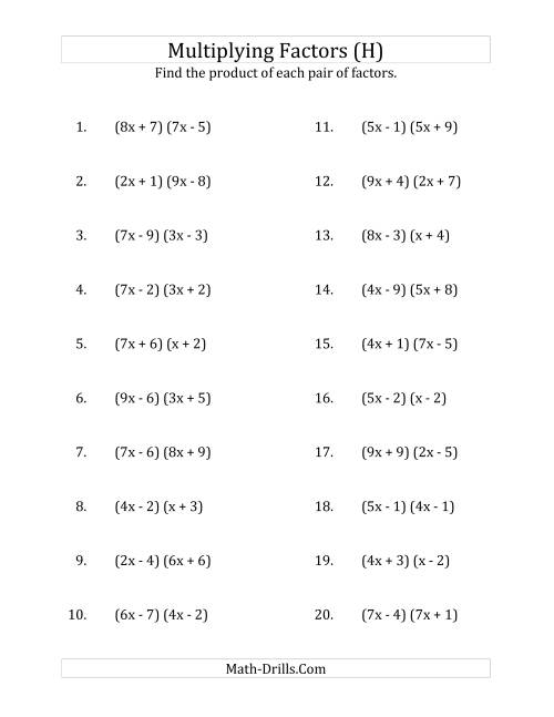 The Multiplying Factors of Quadratic Expressions with x Coefficients up to 9 (H) Math Worksheet