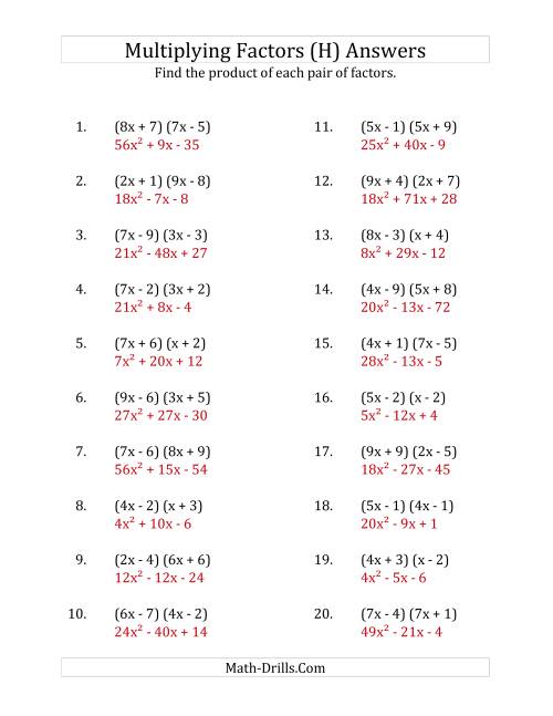 The Multiplying Factors of Quadratic Expressions with x Coefficients up to 9 (H) Math Worksheet Page 2