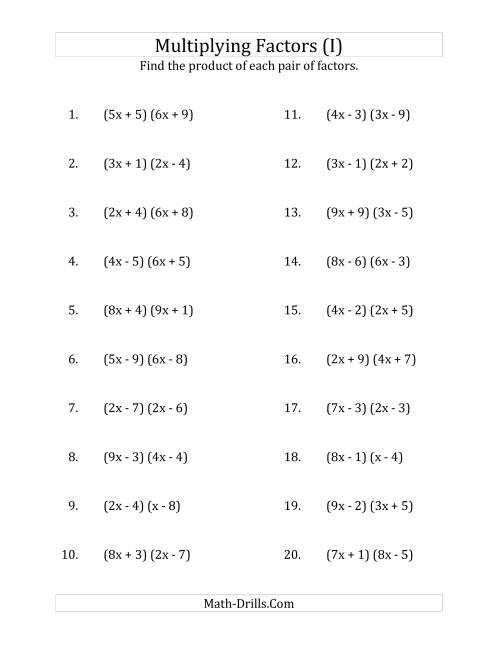The Multiplying Factors of Quadratic Expressions with x Coefficients up to 9 (I) Math Worksheet