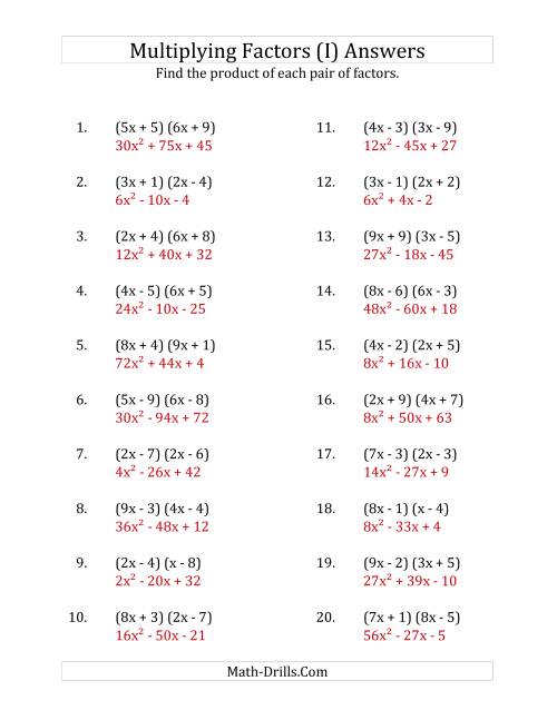 The Multiplying Factors of Quadratic Expressions with x Coefficients up to 9 (I) Math Worksheet Page 2