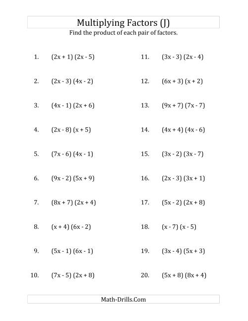 The Multiplying Factors of Quadratic Expressions with x Coefficients up to 9 (J) Math Worksheet