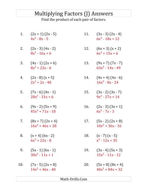 The Multiplying Factors of Quadratic Expressions with x Coefficients up to 9 (J) Math Worksheet Page 2