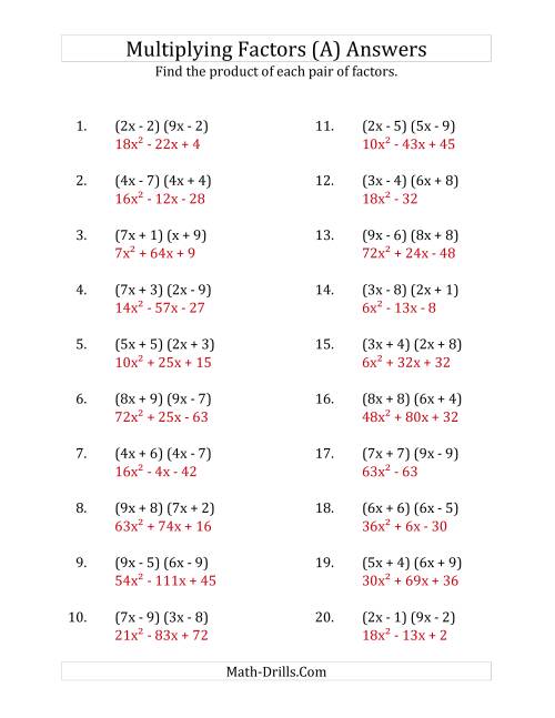 The Multiplying Factors of Quadratic Expressions with x Coefficients up to 9 (All) Math Worksheet Page 2