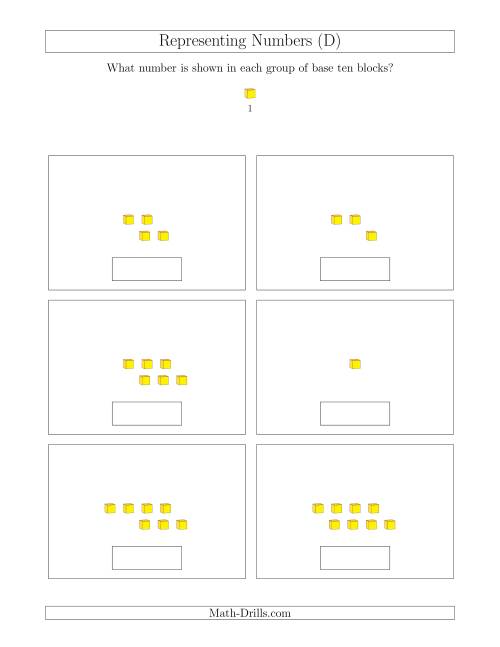 The Representing Numbers to 9 with Base Ten Blocks (D) Math Worksheet