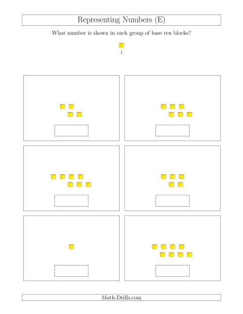 The Representing Numbers to 9 with Base Ten Blocks (E) Math Worksheet
