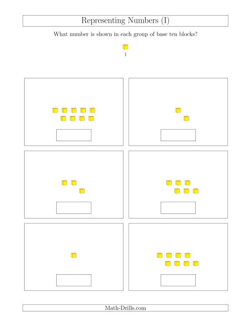 The Representing Numbers to 9 with Base Ten Blocks (I) Math Worksheet